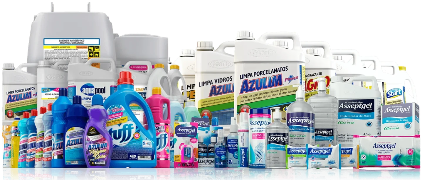 Uma linha de produtos variados da Start Química Profissional